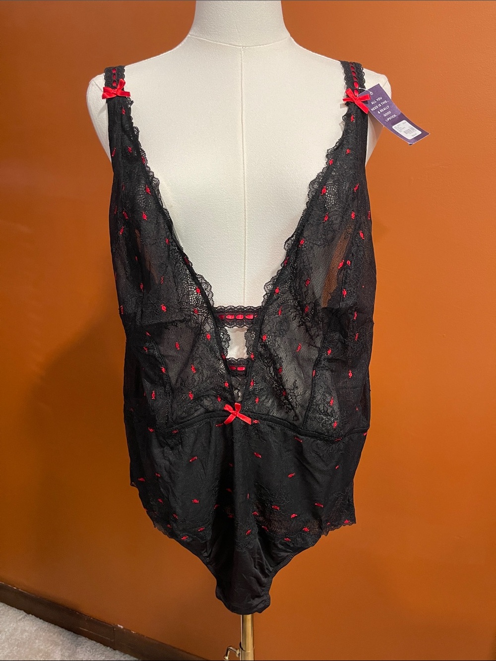 Lane Bryant Black Sheer Lace Teddy with Red Accents